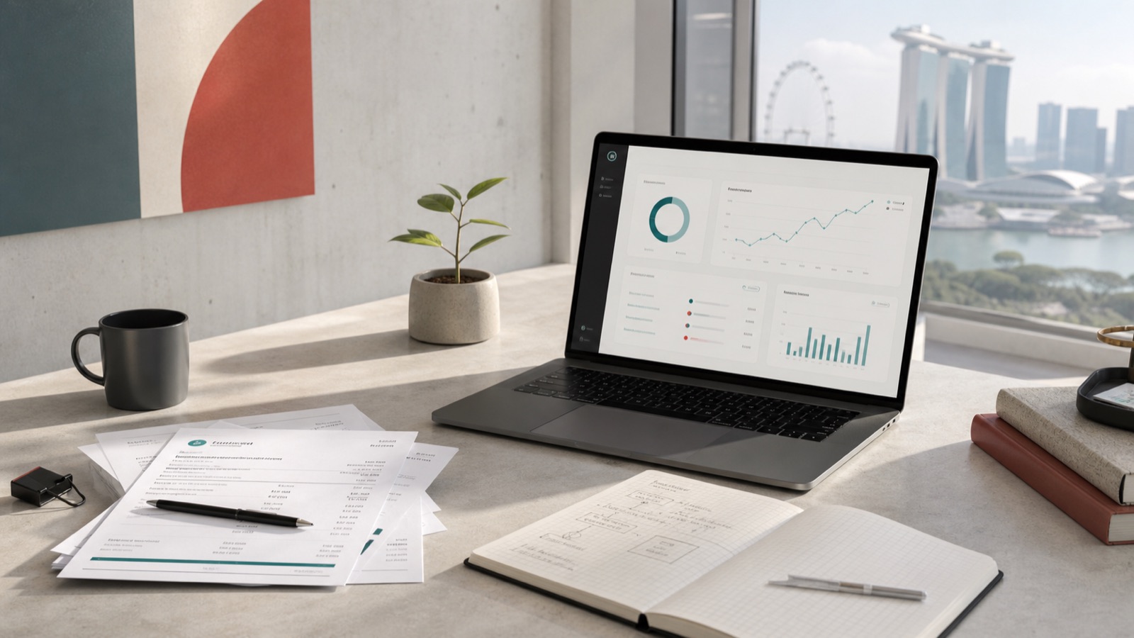 A clean workspace with a laptop dashboard, business papers, and warm daylight